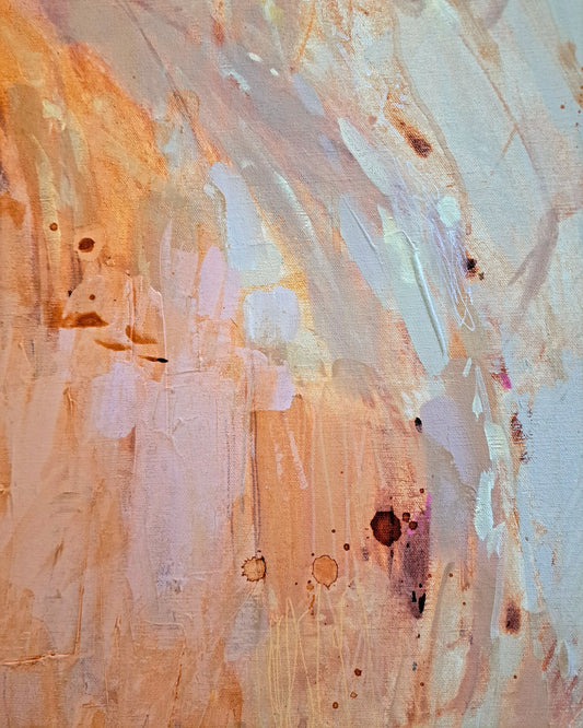 Abstract art with light brown, beige, and pink brush strokes on a textured surface.