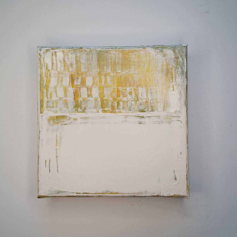 Break of Day, abstract painting with yellow and white by Finnish artist Heidi Hjort