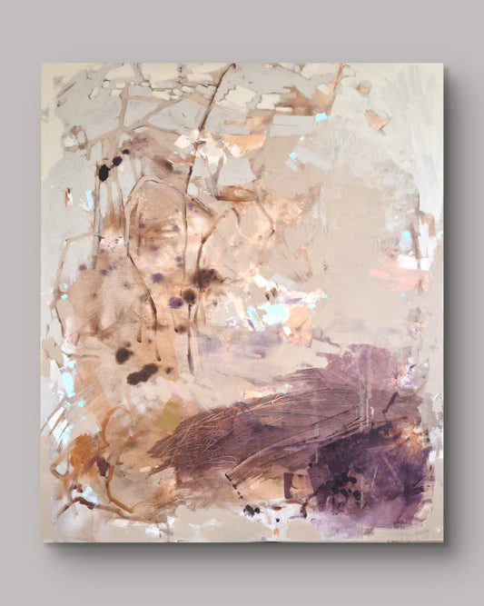 An abstract canvas painting featuring textured brushstrokes and splatters in beige, brown, white, and deep purple, displayed against a neutral gray background.
