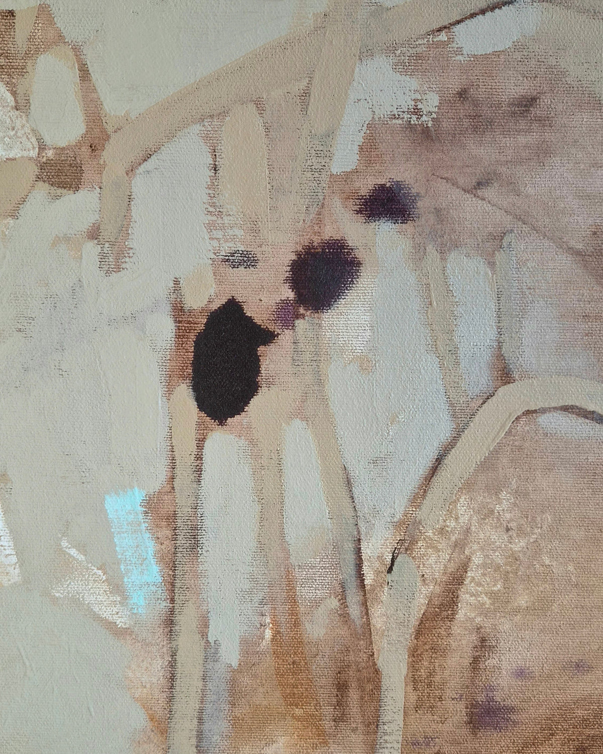 Abstract painting with textured brushstrokes in beige, brown, muted purple, and off-white, featuring organic shapes and dark charcoal-like accents.