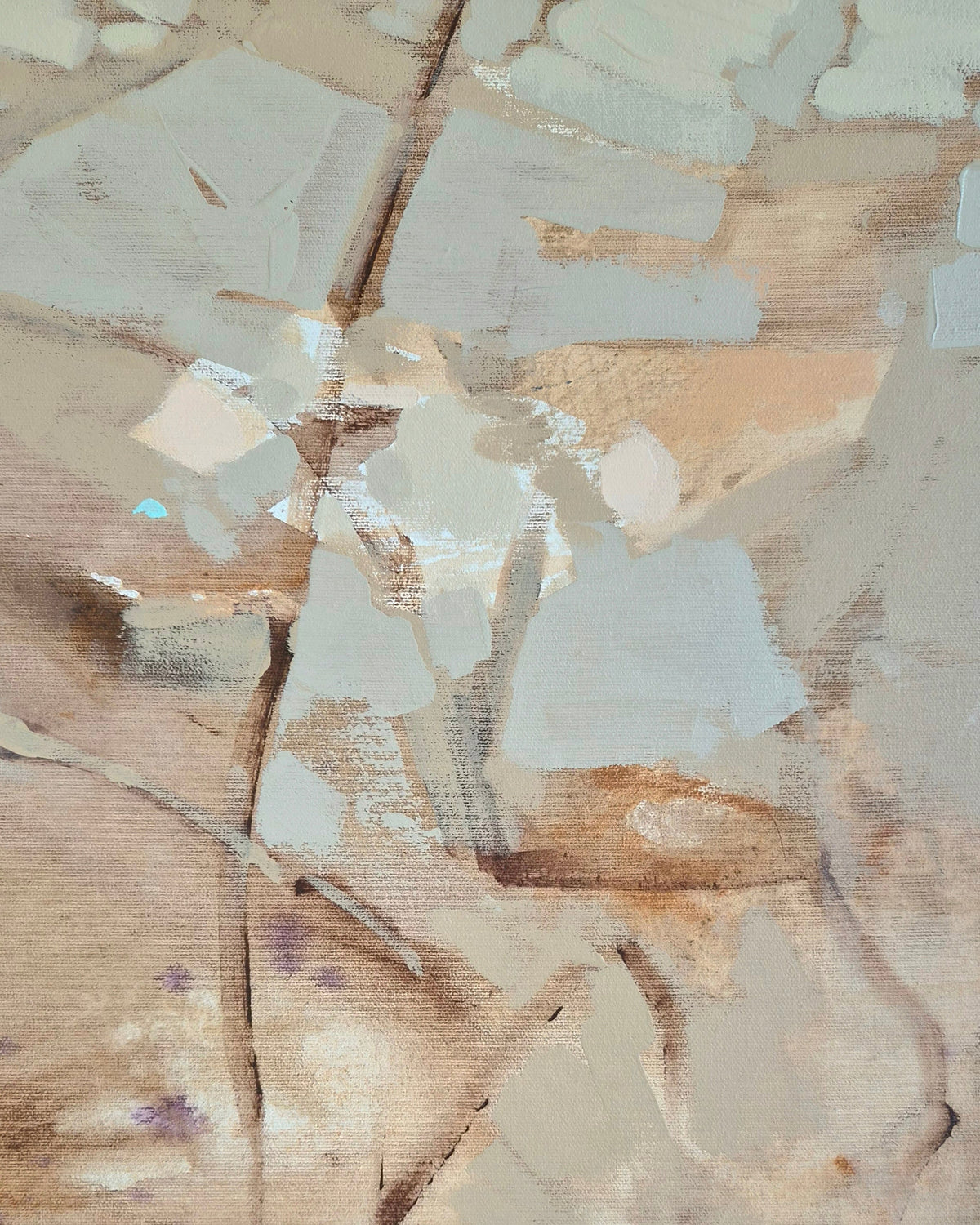 Abstract painting with layered brushstrokes in beige, brown, gray, and off-white, accented with small purple and light blue areas.