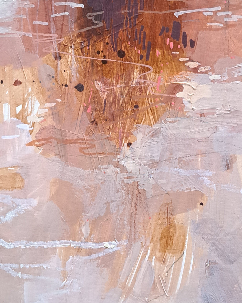 Abstract art with brown, black, and white colors on a textured surface