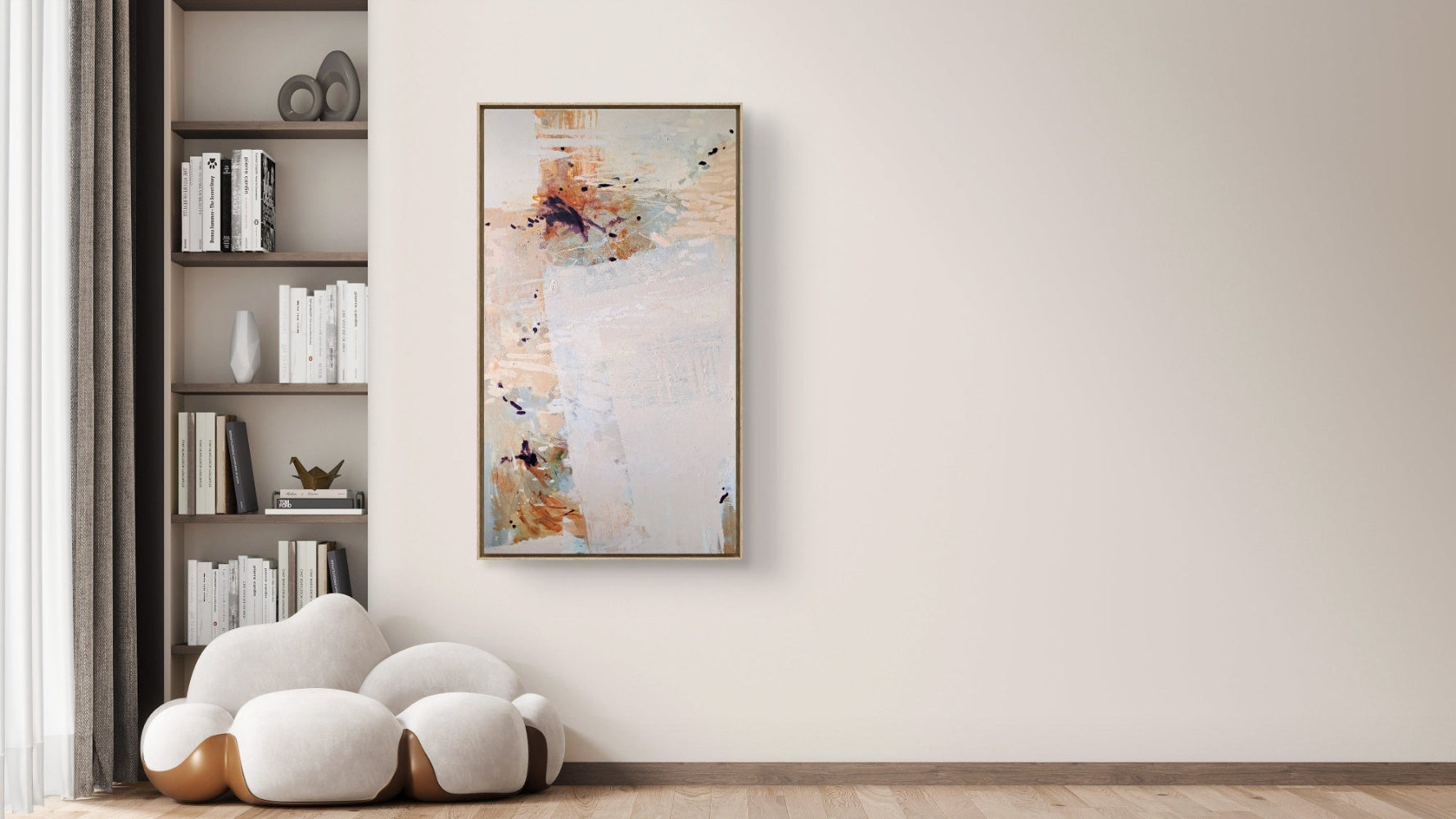 Abstract painting on a wall in a modern living room with a bookshelf and decorative items.