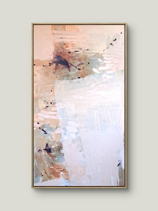 Vertical abstract nature inspired painting in an oak frame
