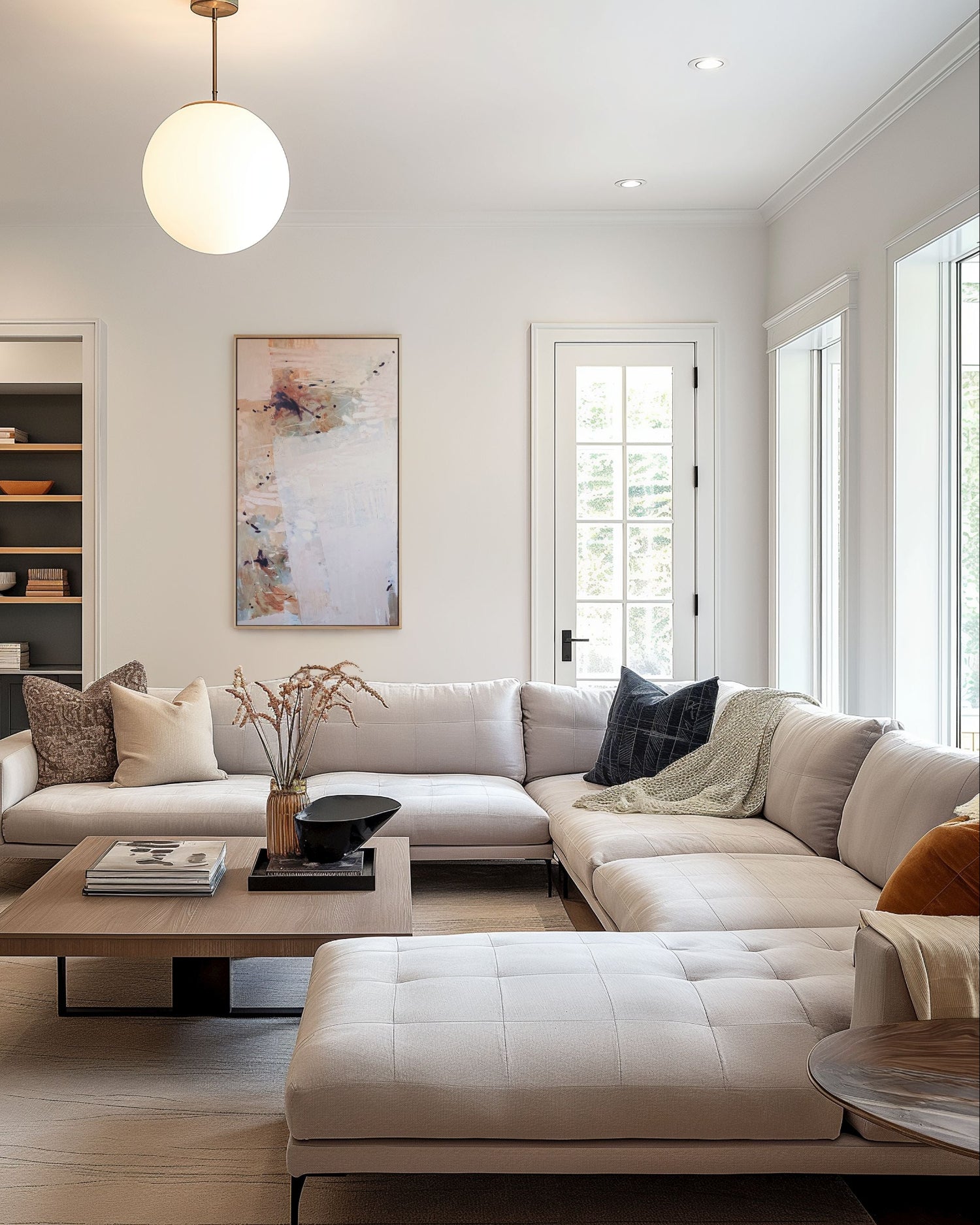 A modern living room featuring a large U-shaped sectional sofa in light beige, a matching tufted ottoman, a rectangular wood coffee table, and a large abstract painting on the wall.