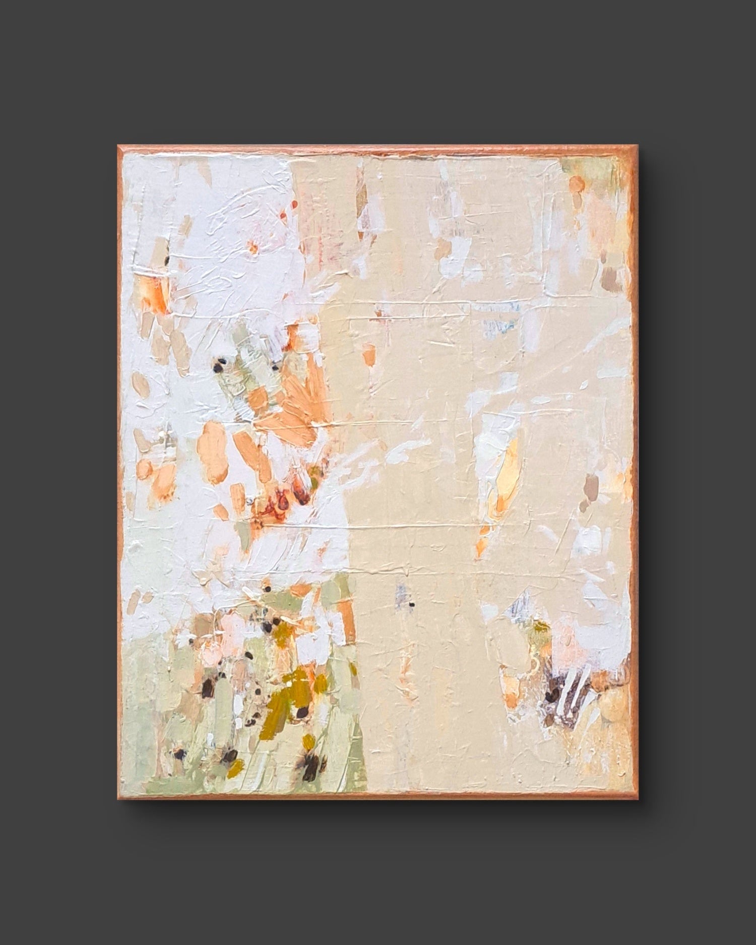 Abstract painting with splashes of orange, white, and beige on a dark background