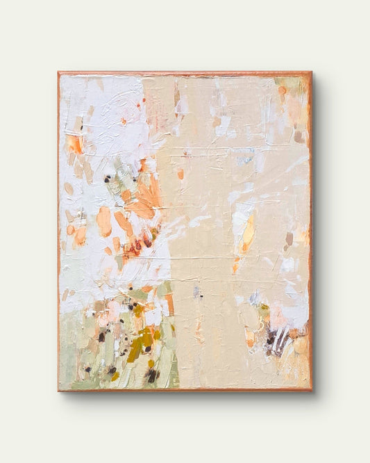 Abstract painting with splashes of orange, white, and beige on a light background