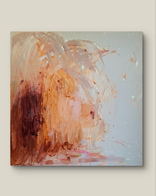 Abstract painting with brown, orange, and white colors on a light gray background