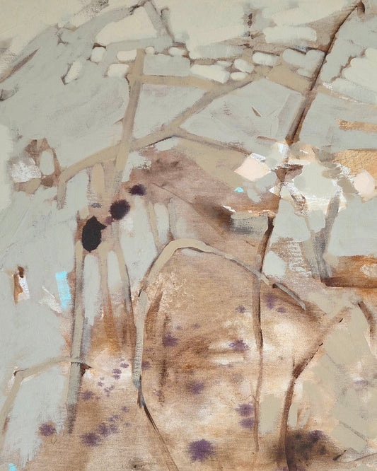 Abstract mixed-media painting with layered beige, brown, gray, and muted purple brushstrokes and splatters.